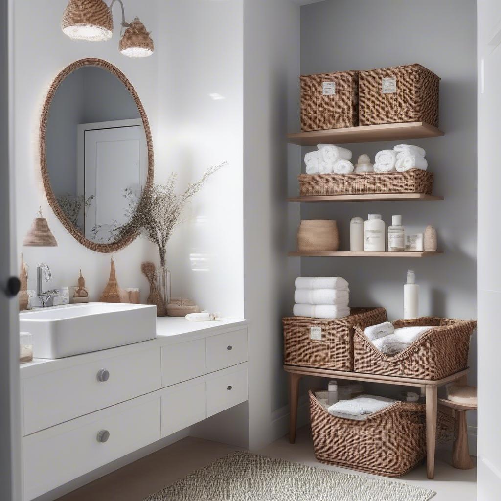 Wicker baskets used to organize towels and toiletries on shallow shelves in a bathroom.