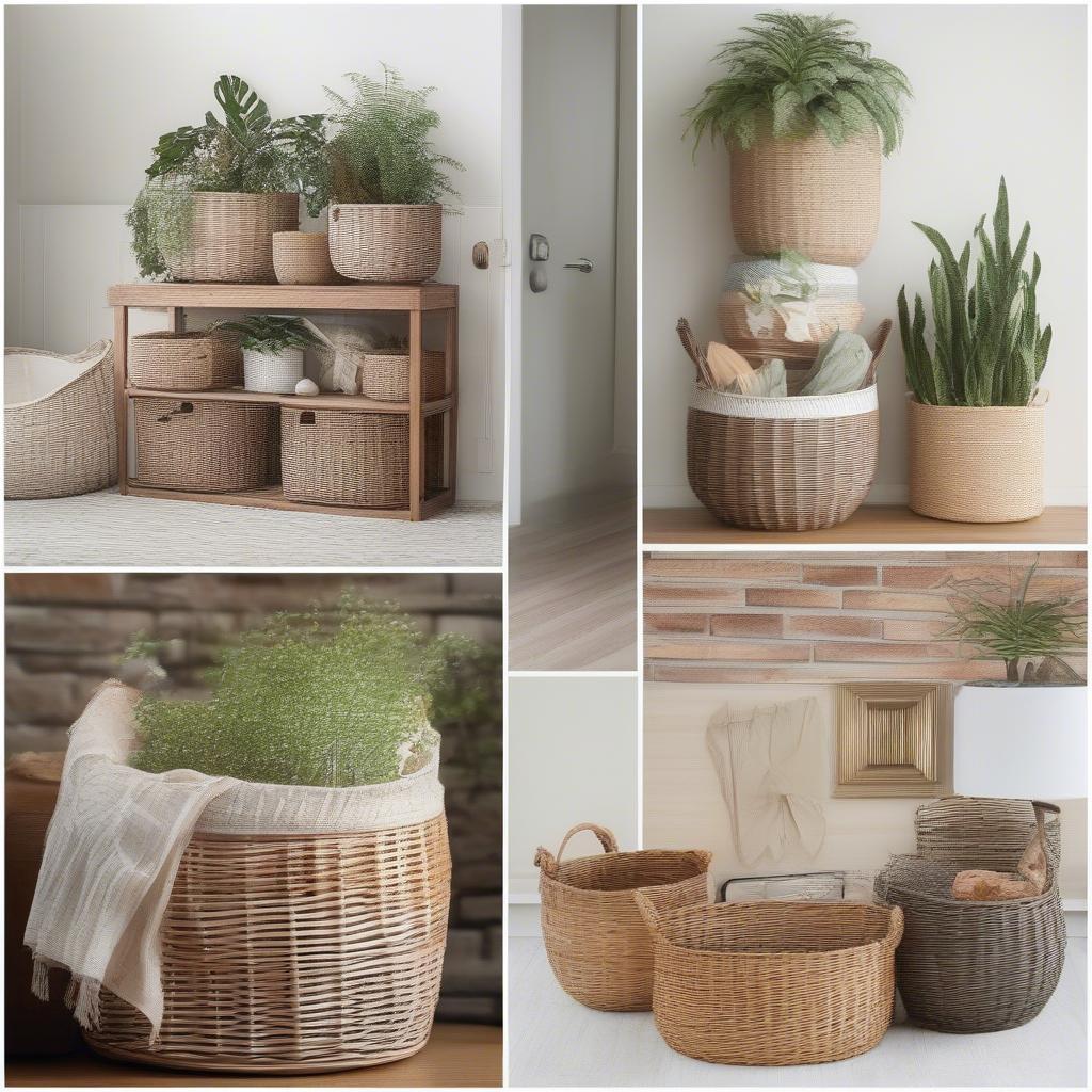 Different ways to style wicker baskets in various rooms for home decor.