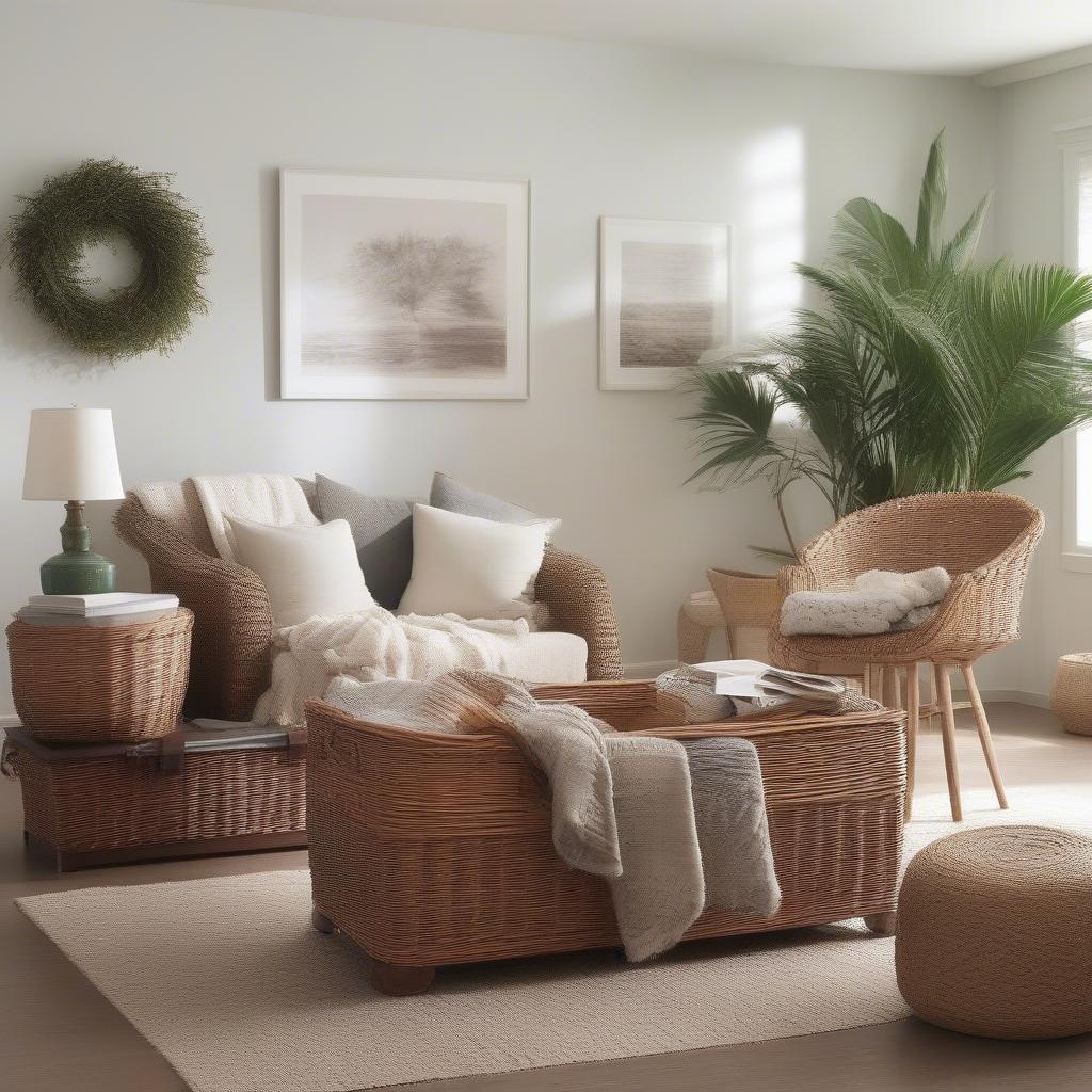 Wicker baskets used for storage in a living room setting