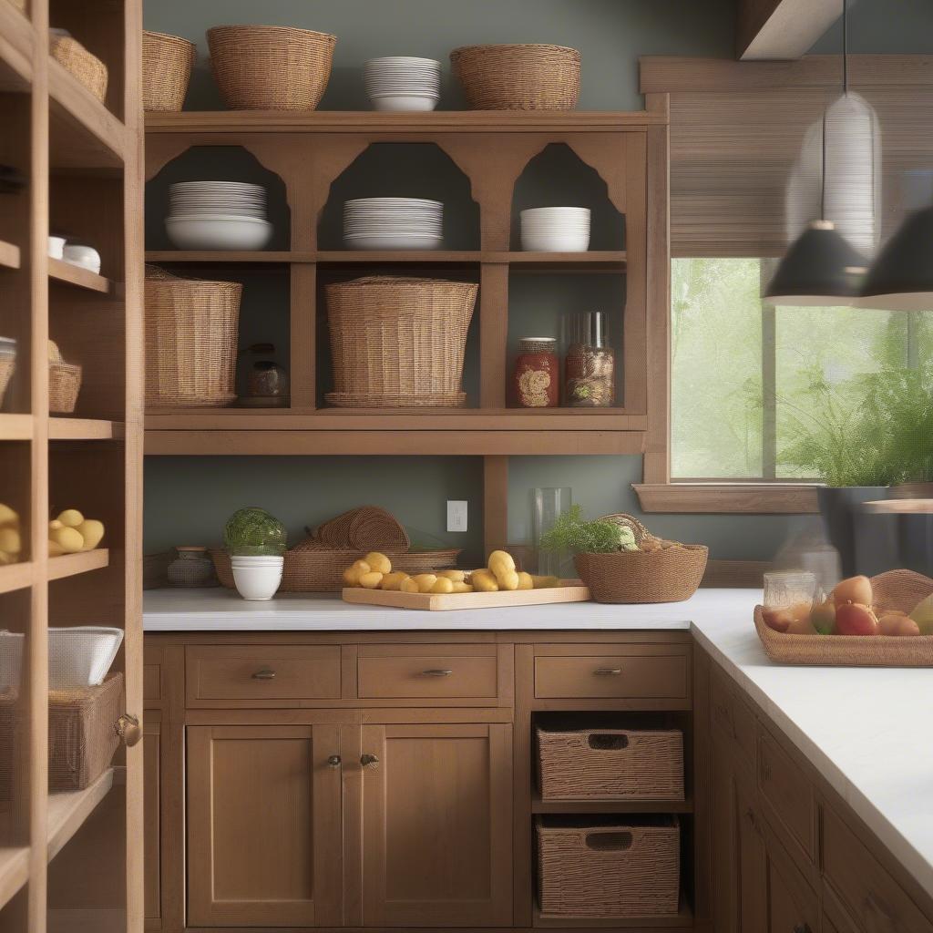 Wicker basket storage in a kitchen