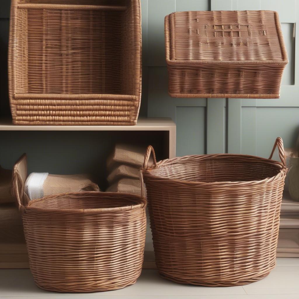 Various Wicker Baskets with Lids in Different Shapes and Sizes