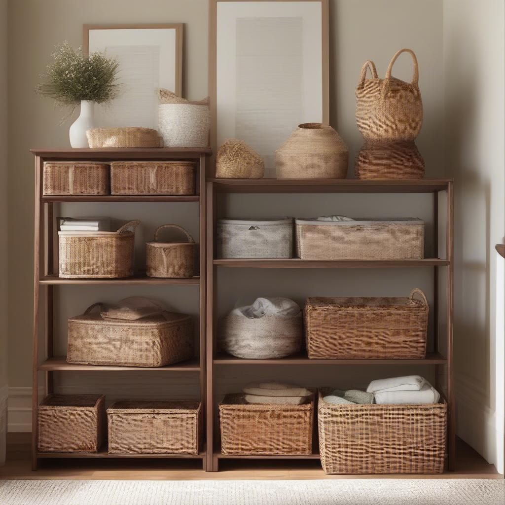 Wicker basket storage in a living room setting