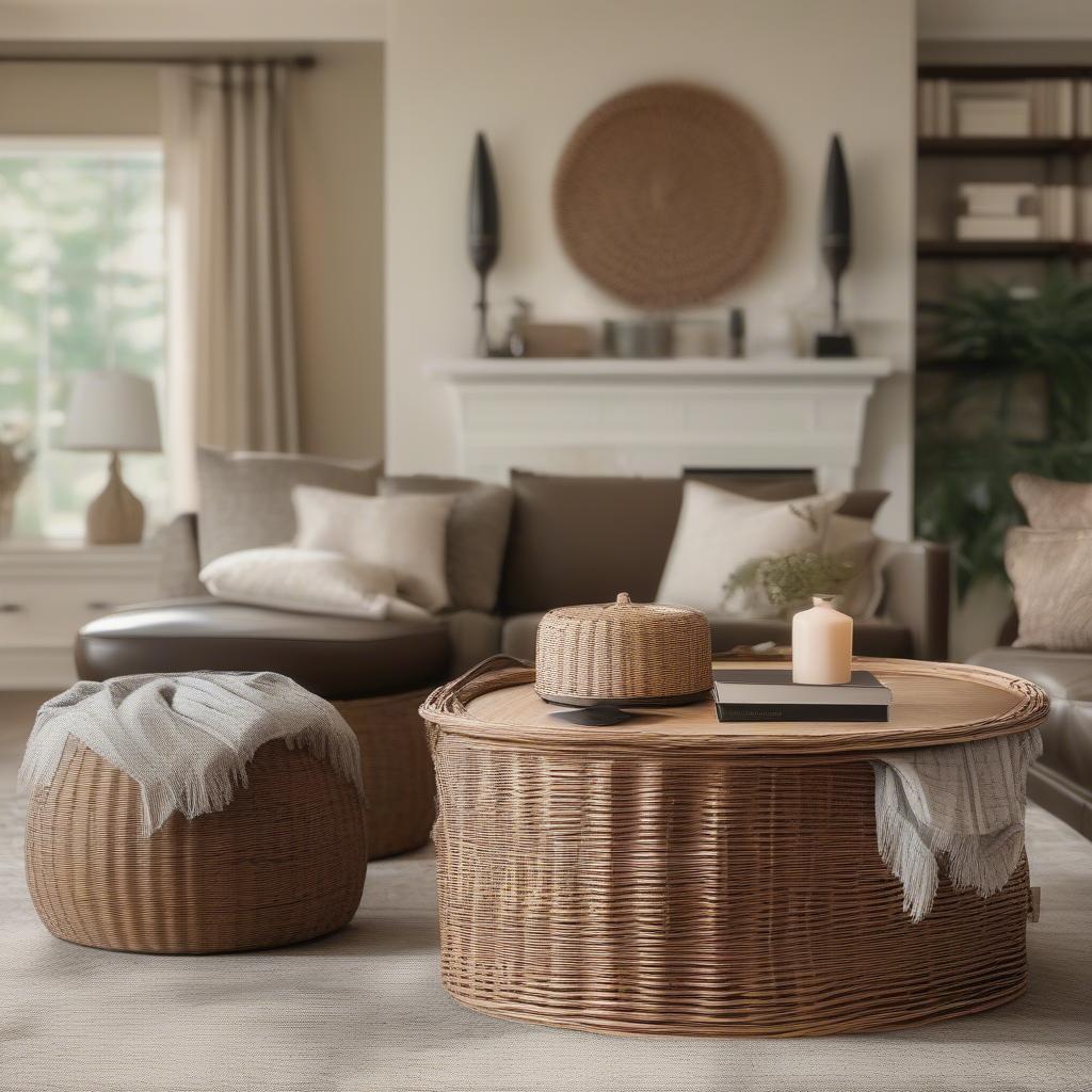 Wicker Basket Storage Ottoman in Living Room Setting