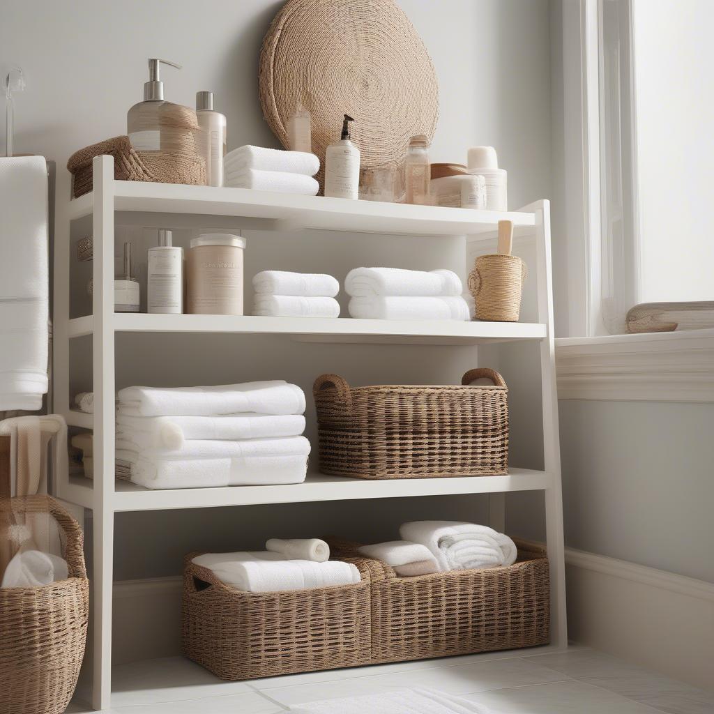 Wicker basket storage shelf in a bathroom, showcasing its use for towels and toiletries.