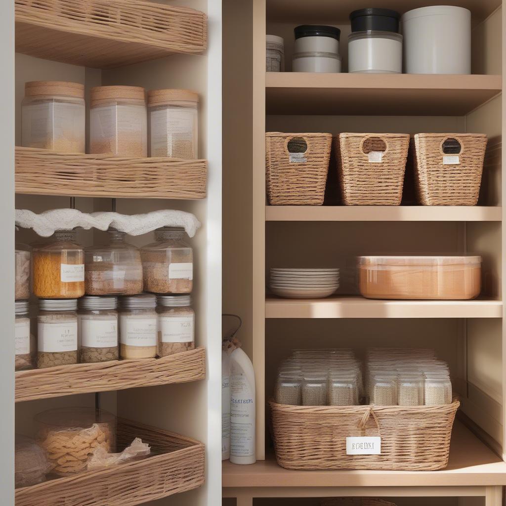 Wicker basket storage shelf in a kitchen, showcasing its use for pantry organization.