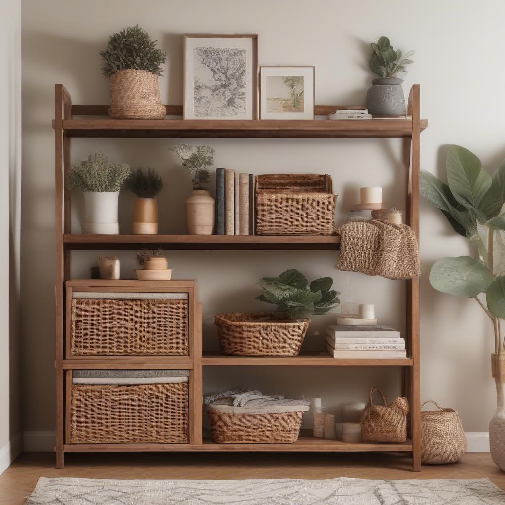 Wicker basket storage shelf in a living room setting, showcasing its organization and aesthetic appeal.