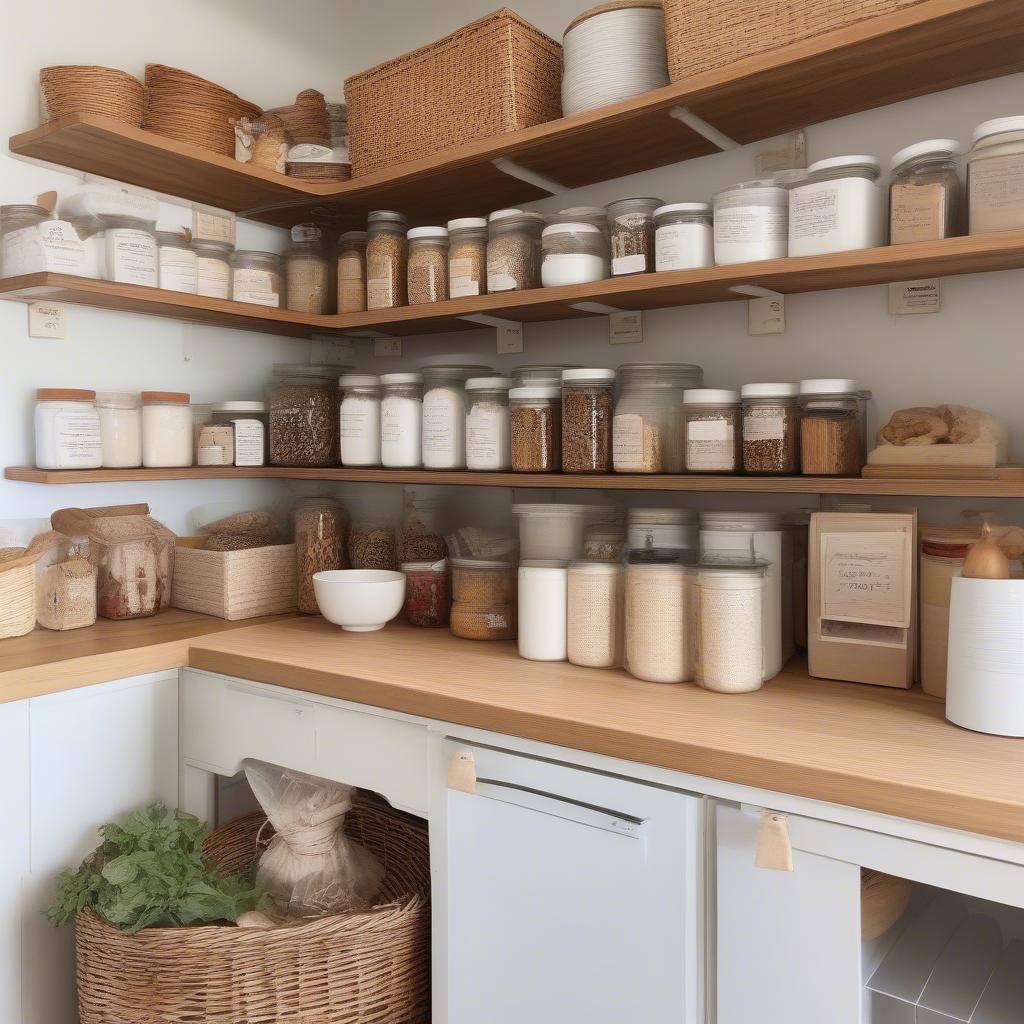 Wicker baskets used for storage on shelves in a kitchen, organizing pantry items and creating a rustic aesthetic.