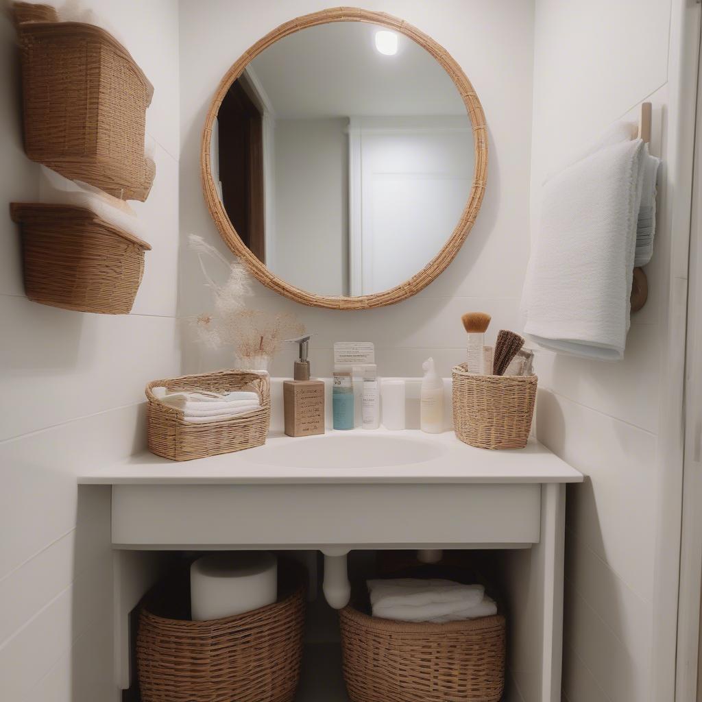 Wicker basket storage in a small bathroom