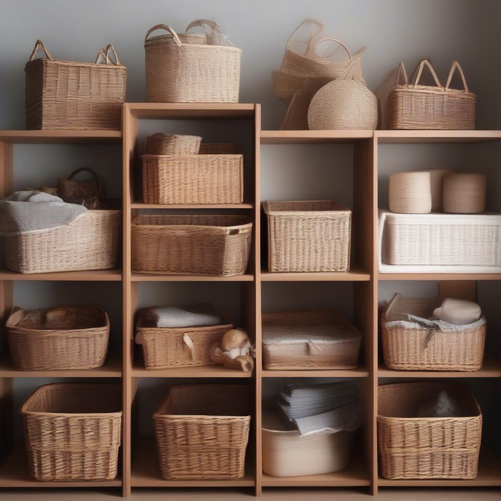 Various wicker basket storage solutions for kitchen cabinets