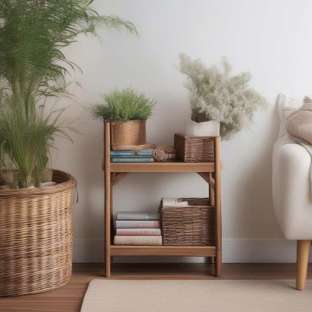 Wicker basket storage stand in a living room setting, showcasing its organizational capabilities and stylish design.