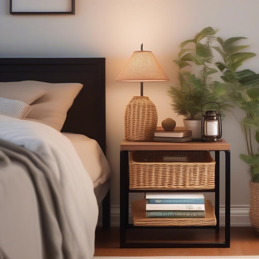 Wicker basket storage table used as a nightstand in a bedroom