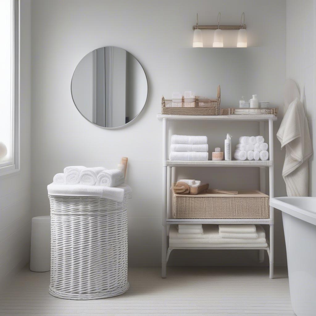 Wicker storage tower in a bathroom