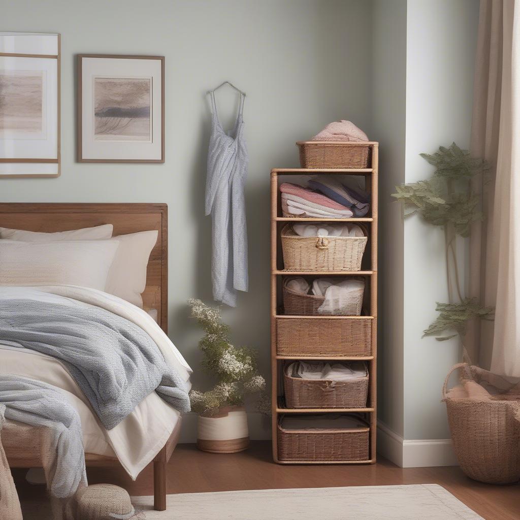 Wicker storage tower in a bedroom, holding clothes