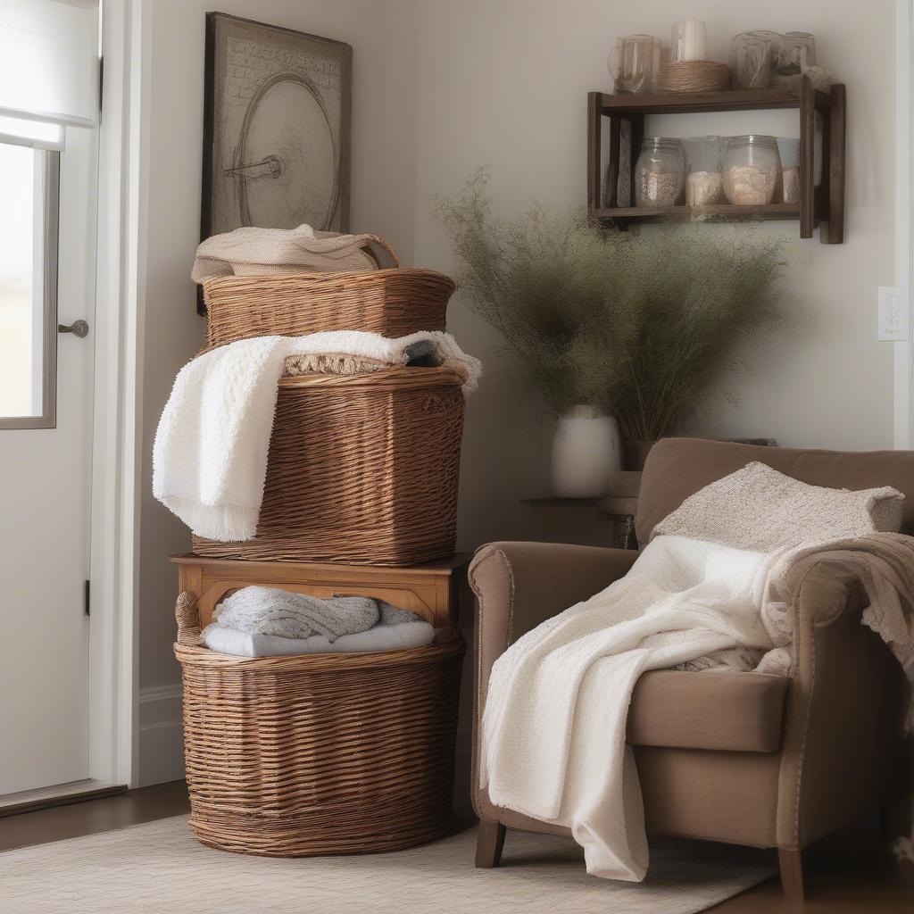 Wicker basket storage tower in a living room setting