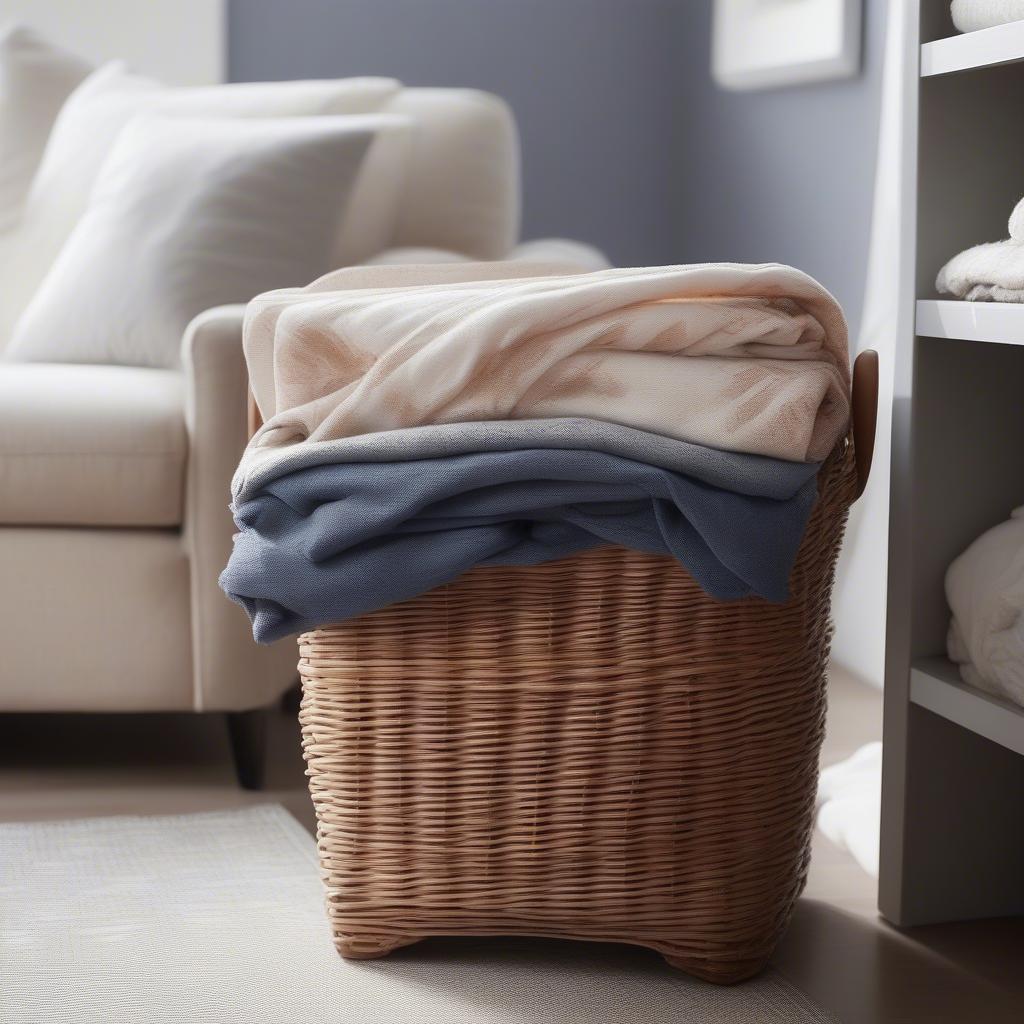 Close-up view of a wicker basket filled with neatly folded blankets.