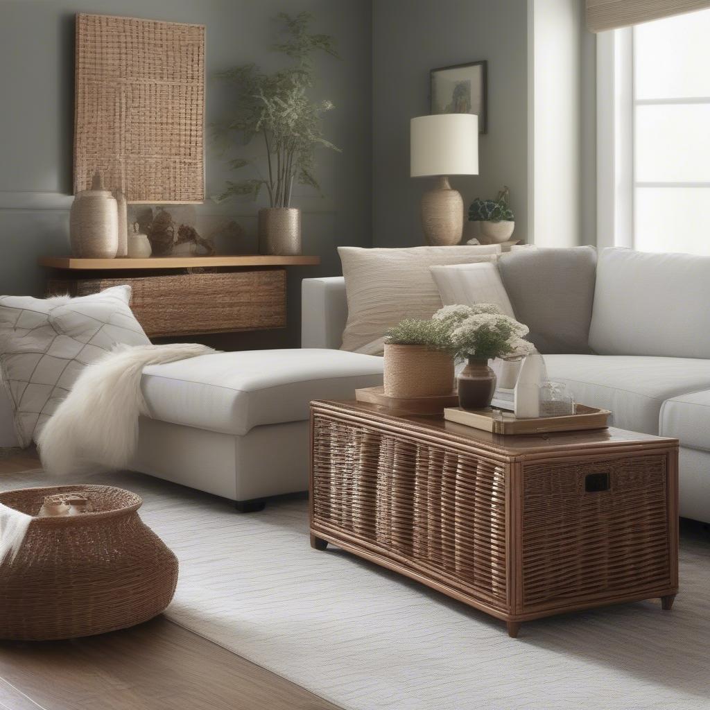 A wicker basket storage unit in a living room setting.