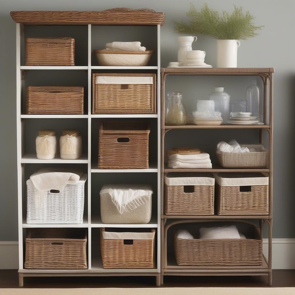 Various wicker basket storage units showcasing different sizes, styles, and colors.