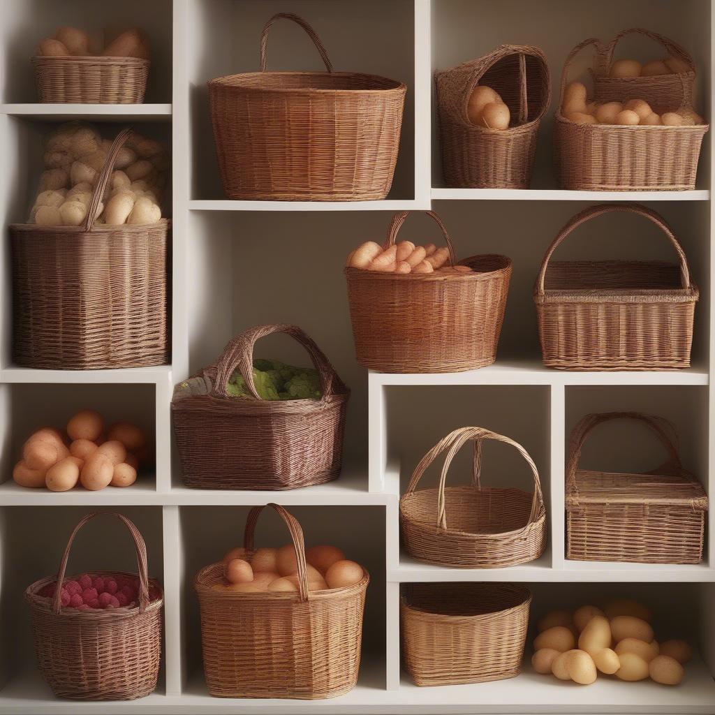 Different sizes of wicker baskets for storing various types of produce.