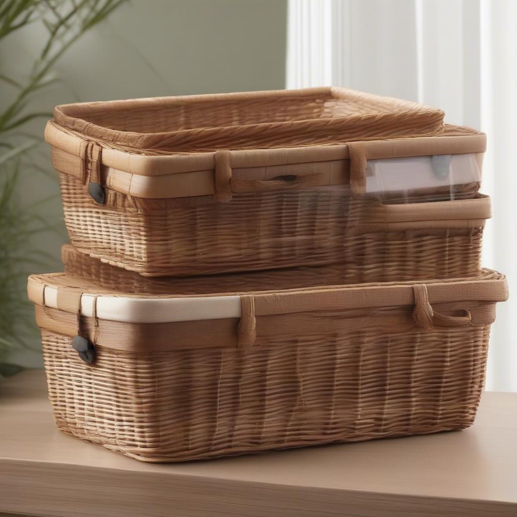 Different styles of wicker CD storage baskets