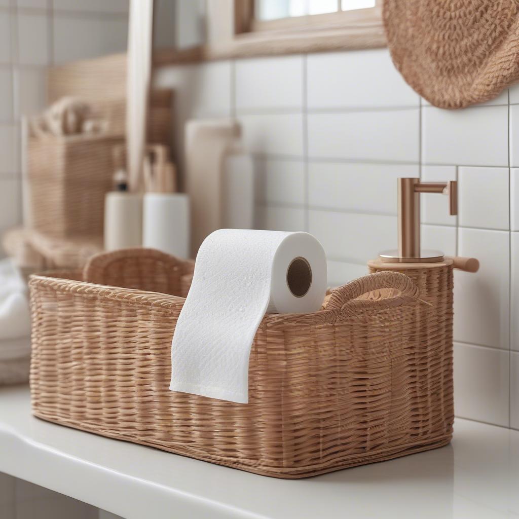 Wicker Basket Toilet Roll Holder in a Bathroom Setting