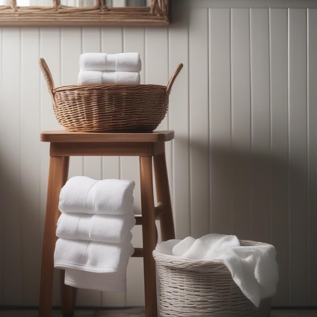 Wicker basket towel holder in a rustic bathroom setting