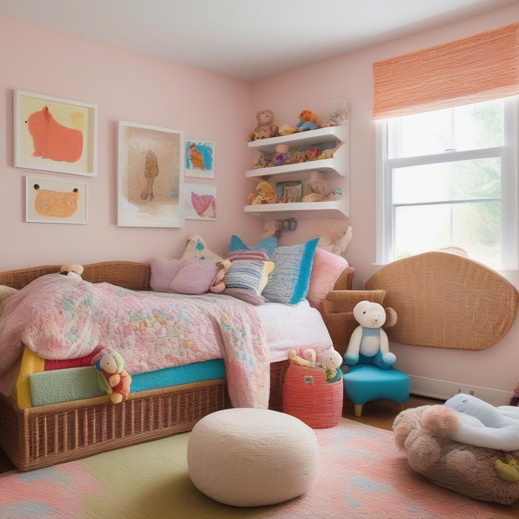 Wicker basket for toy storage in a kid's room