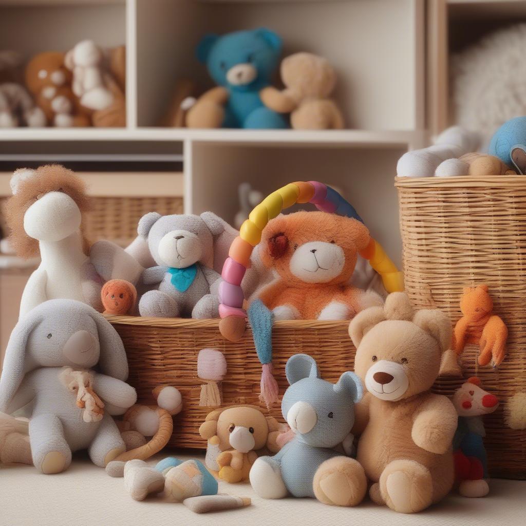 A wicker basket overflowing with colorful children's toys in a well-lit nursery.