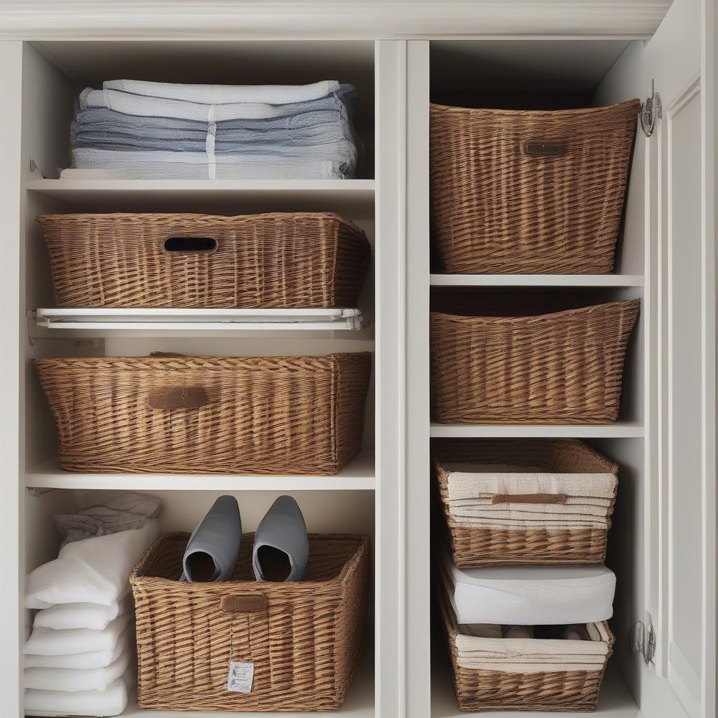 A neatly organized under-bed space utilizing wicker baskets for storing folded clothes, shoes, and other belongings.