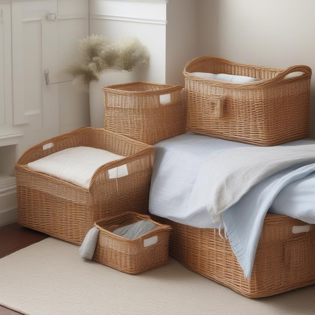 Different wicker basket under bed storage solutions showing various shapes and sizes.