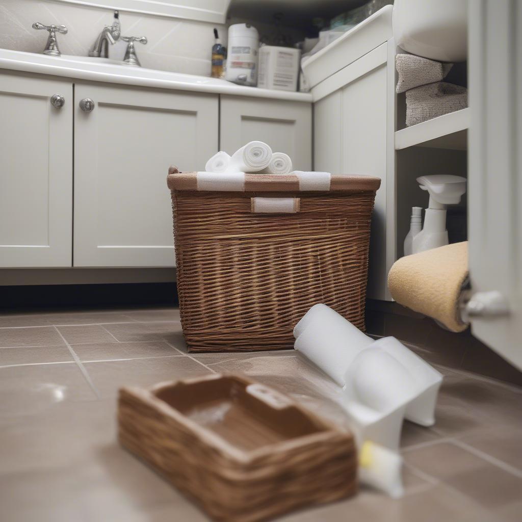 A wicker basket under the sink provides hidden storage for cleaning supplies and extra toiletries.