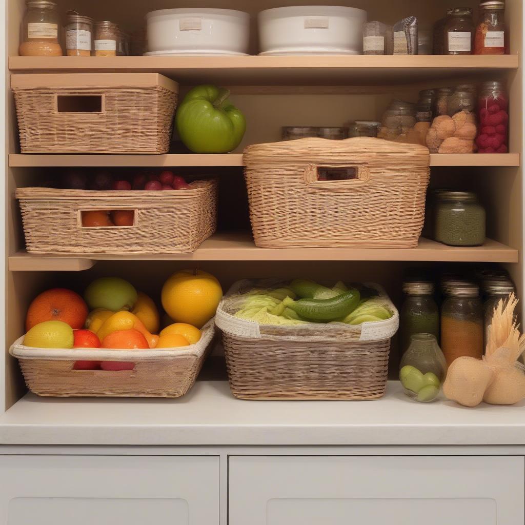 Wicker Basket with Assorted Fruits and Vegetables in a Pantry