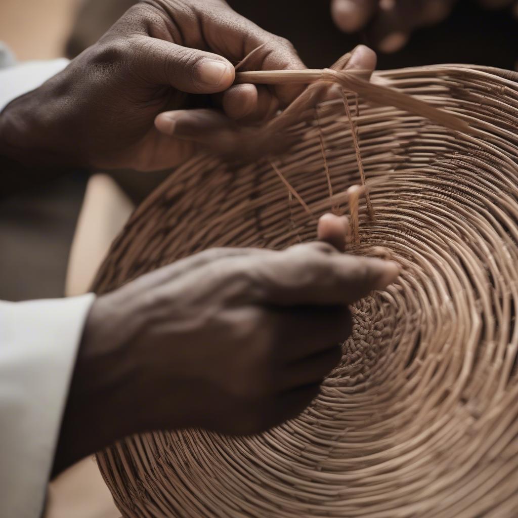 Blind artisan skillfully weaving a wicker basket