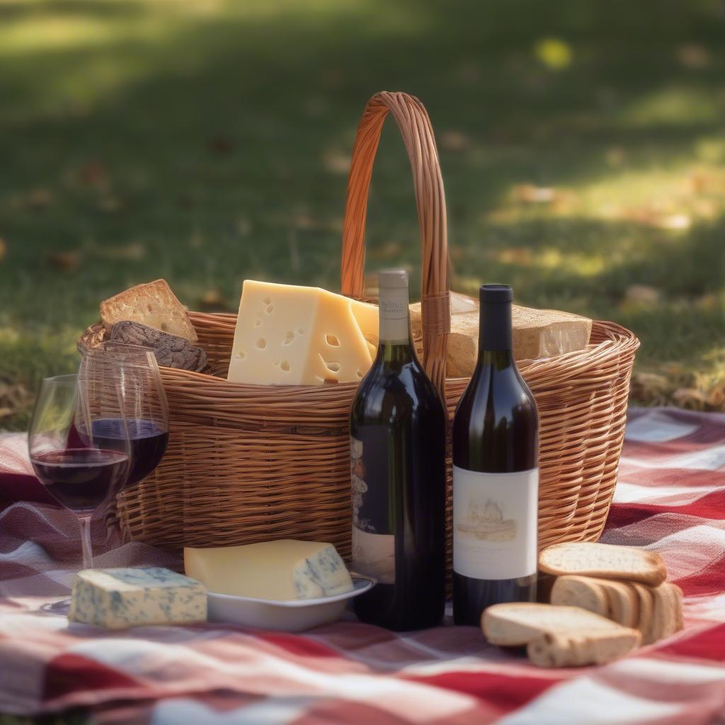 Wicker basket wine holder used for an outdoor picnic setting with wine and cheese.