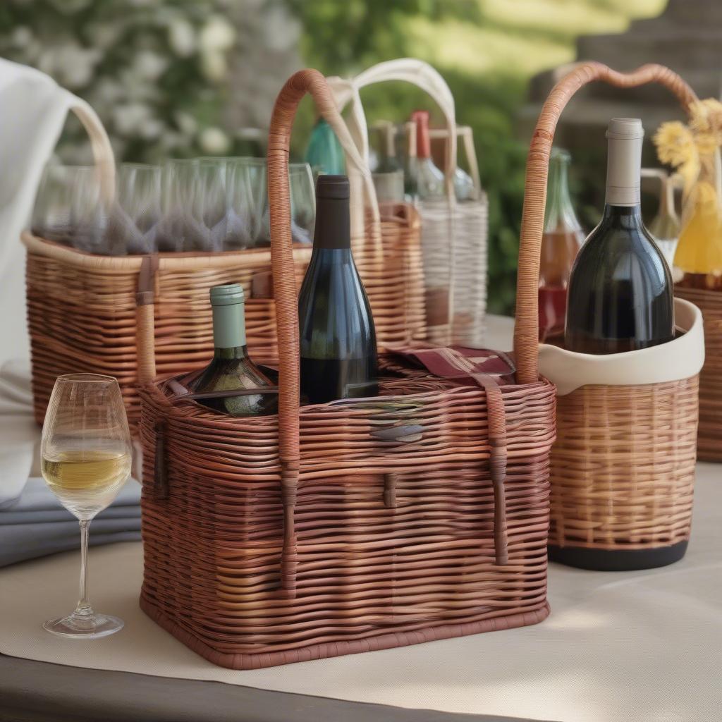 Different styles of wicker basket wine holders displaying various shapes, sizes, and features.