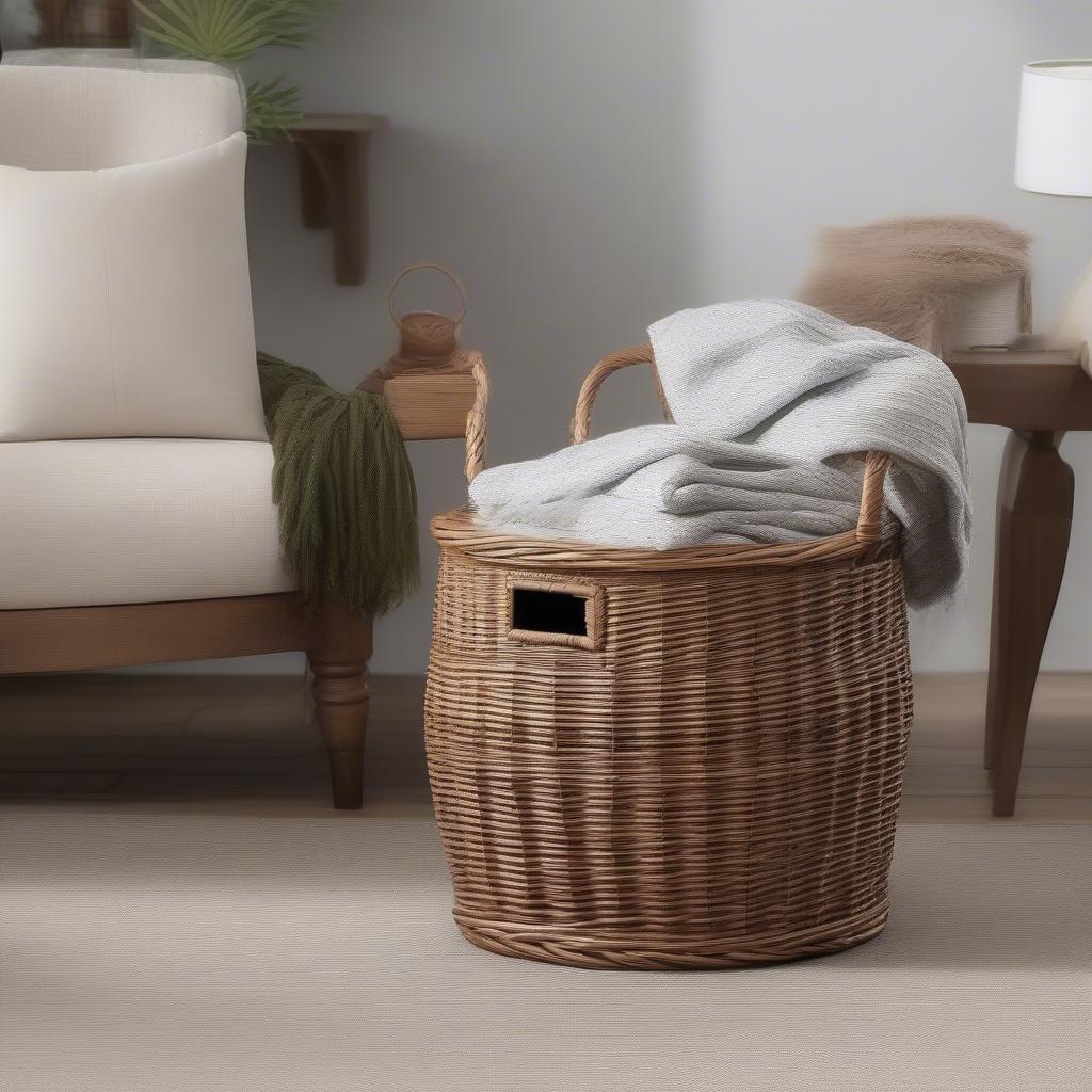 Wicker Storage Basket with Lid in Living Room Setting