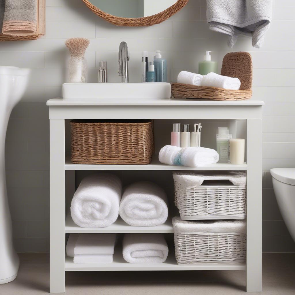 A white washed wicker storage basket with a shelf neatly tucked under a bathroom vanity, storing towels and toiletries.