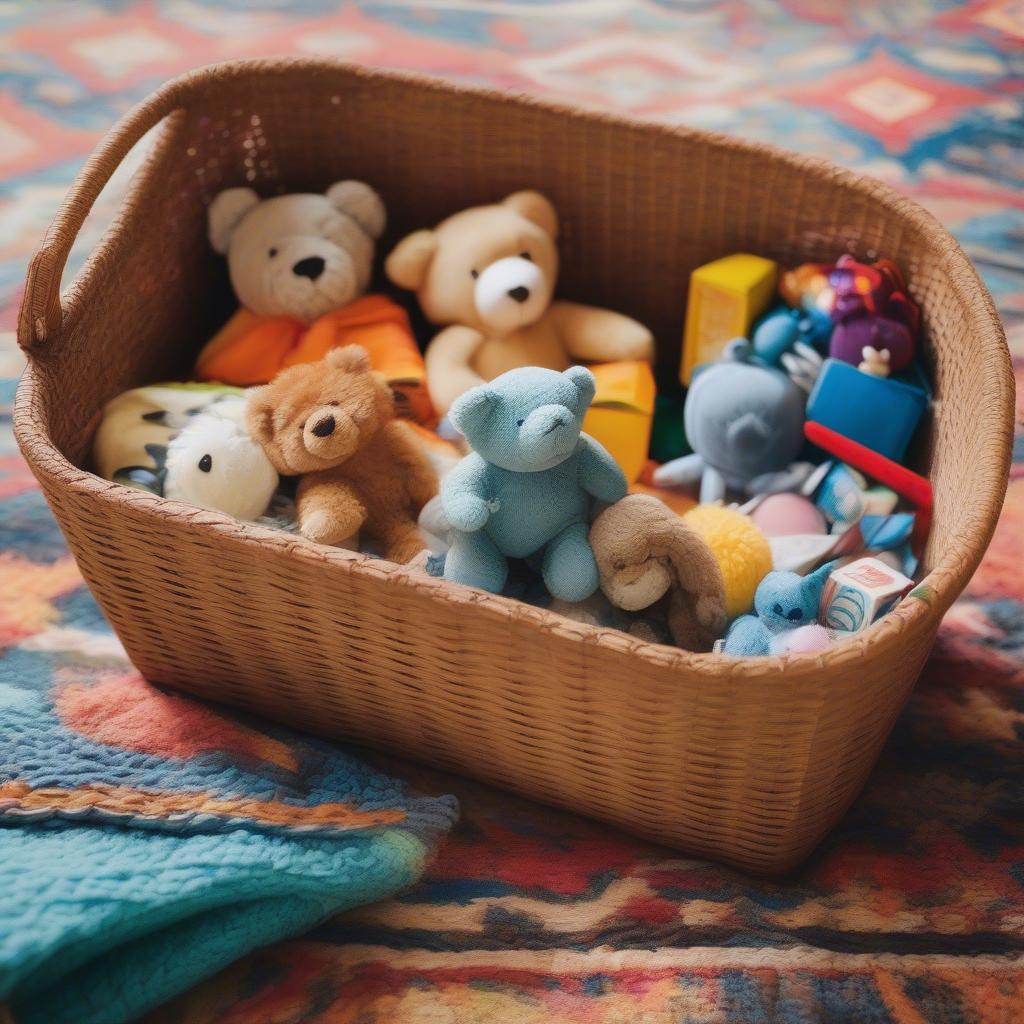 A child's wicker basket overflowing with colorful toys and books, showcasing its storage capacity.