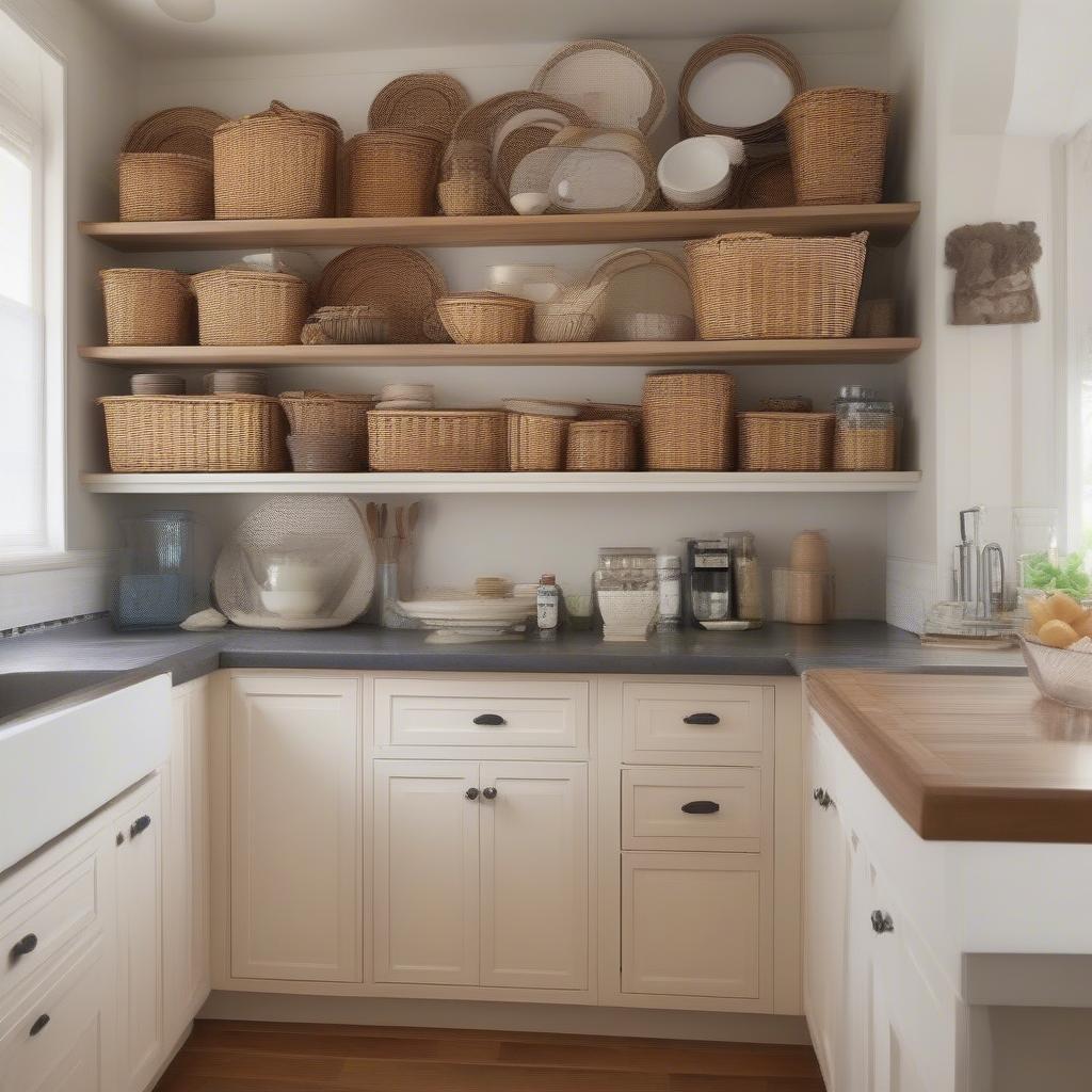 Decorative wicker baskets displayed above kitchen cabinets.