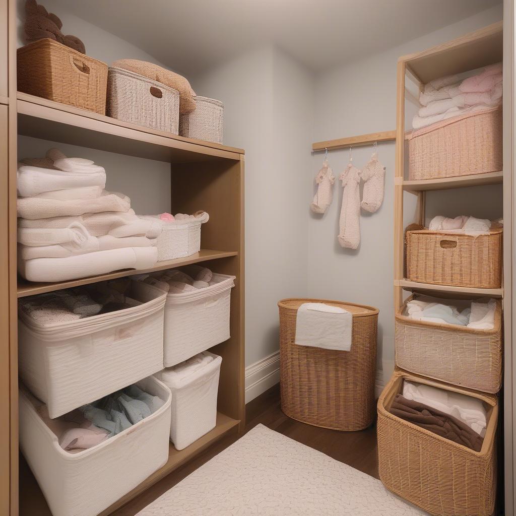 Wicker baskets used for storing baby clothes