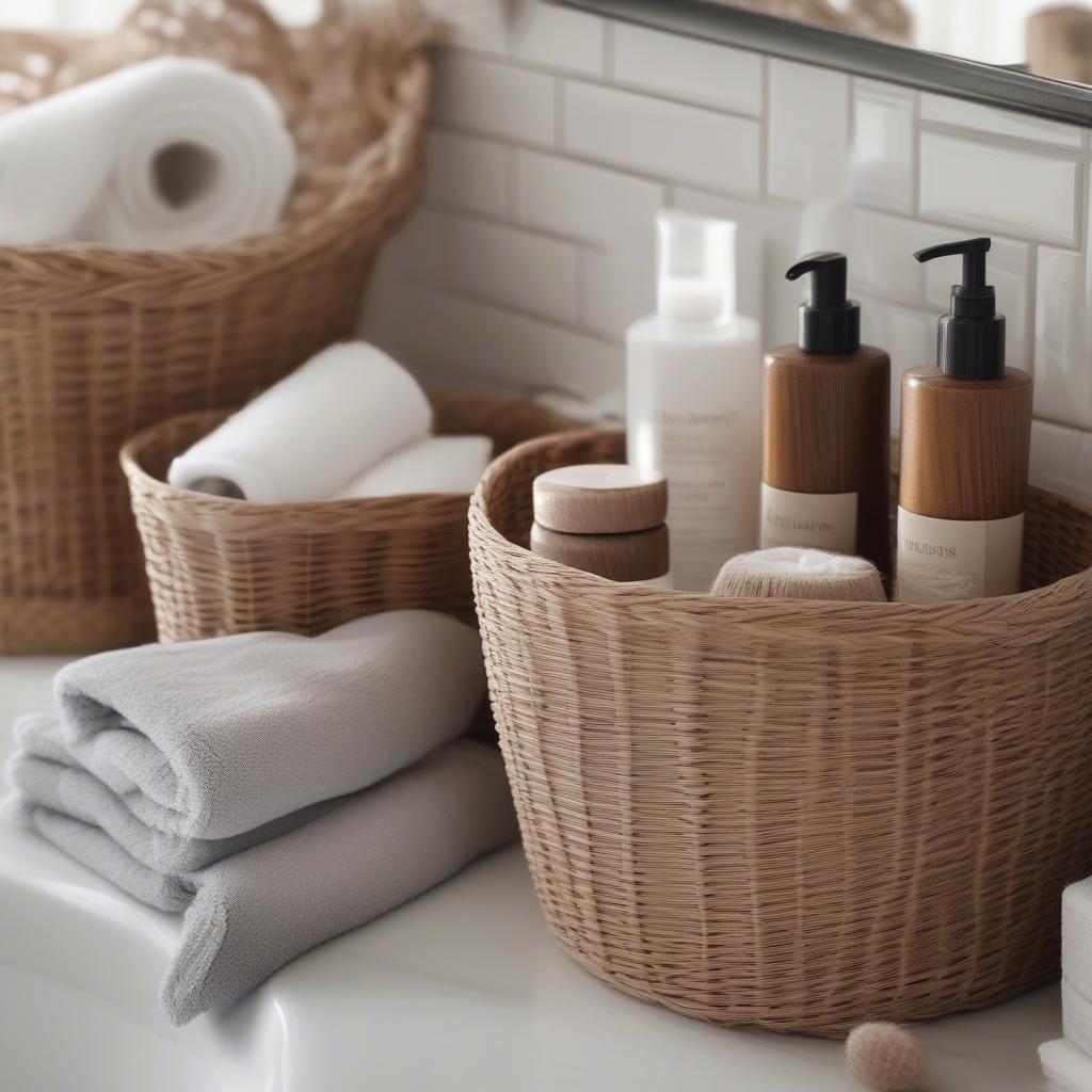 Wicker baskets of various sizes and styles neatly organize toiletries and towels on a bathroom countertop, adding a touch of rustic charm.