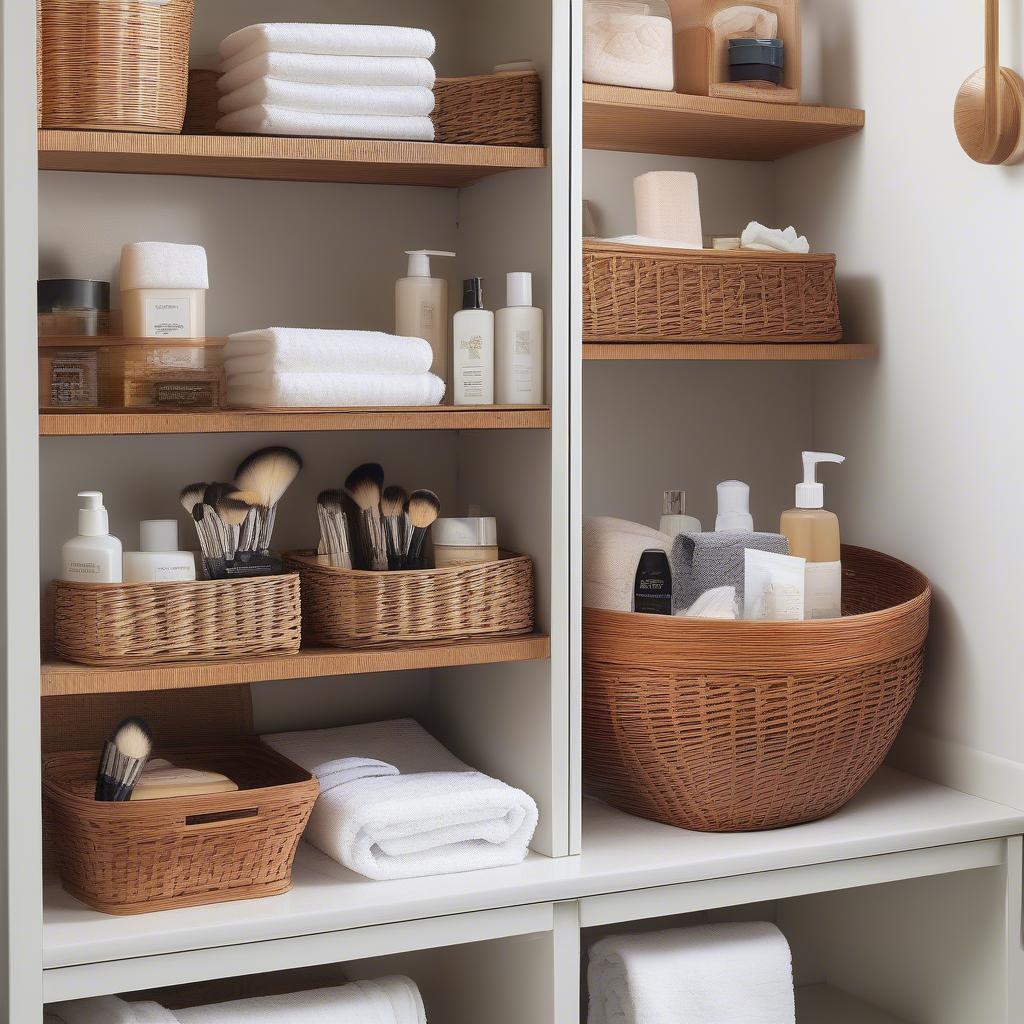 Various ways to incorporate wicker baskets into bathroom design, including open shelving, countertops, under-sink storage, and wall-mounted options.