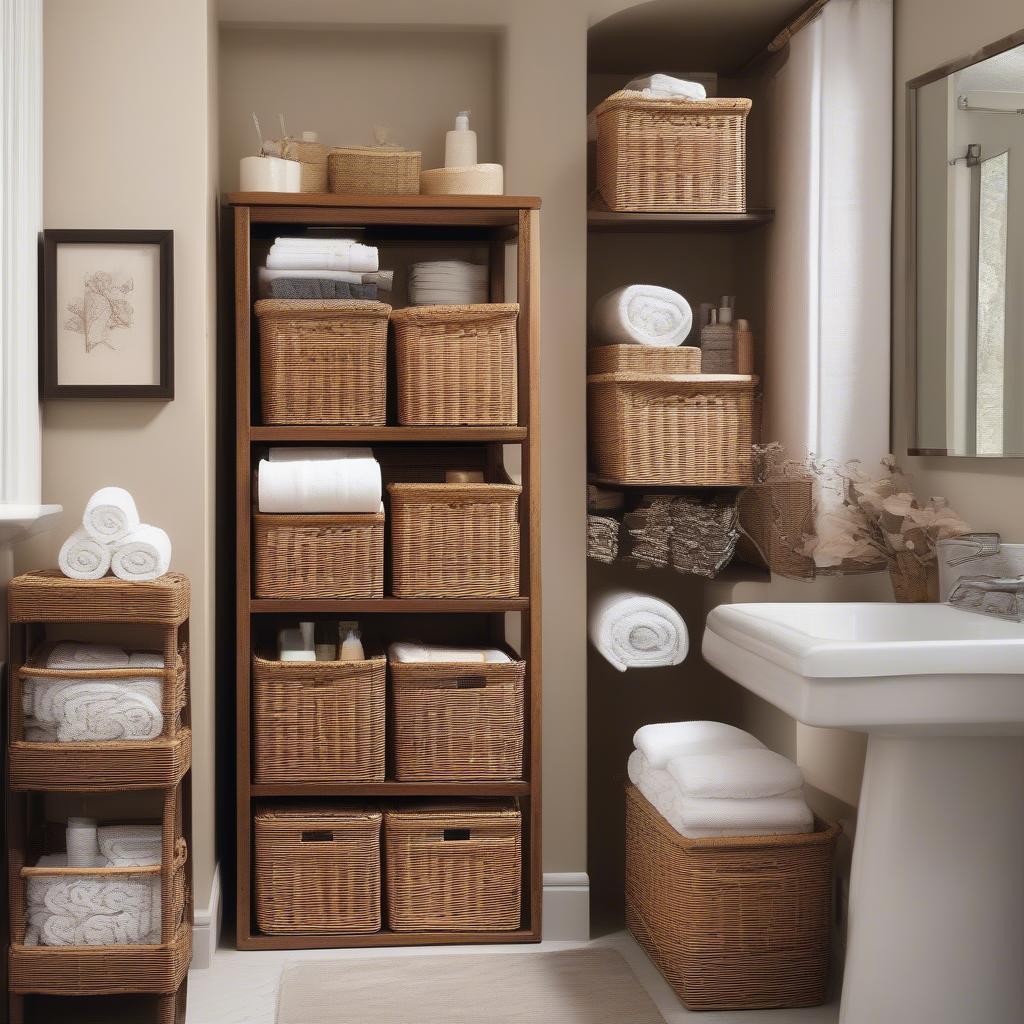 Wicker baskets used for bathroom organization