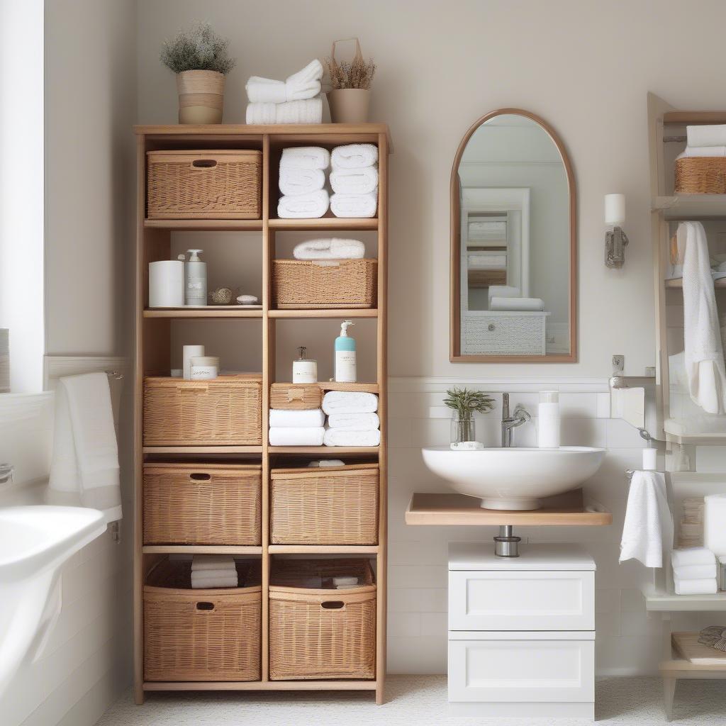 Wicker baskets used for organizing towels and toiletries in a bathroom, adding a touch of natural elegance.