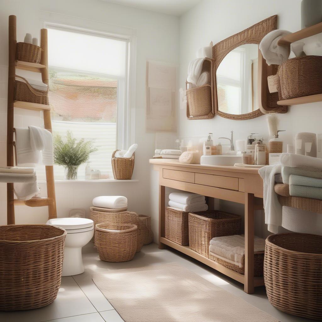 Wicker baskets used for bathroom organization, holding towels, toiletries, and other essentials.