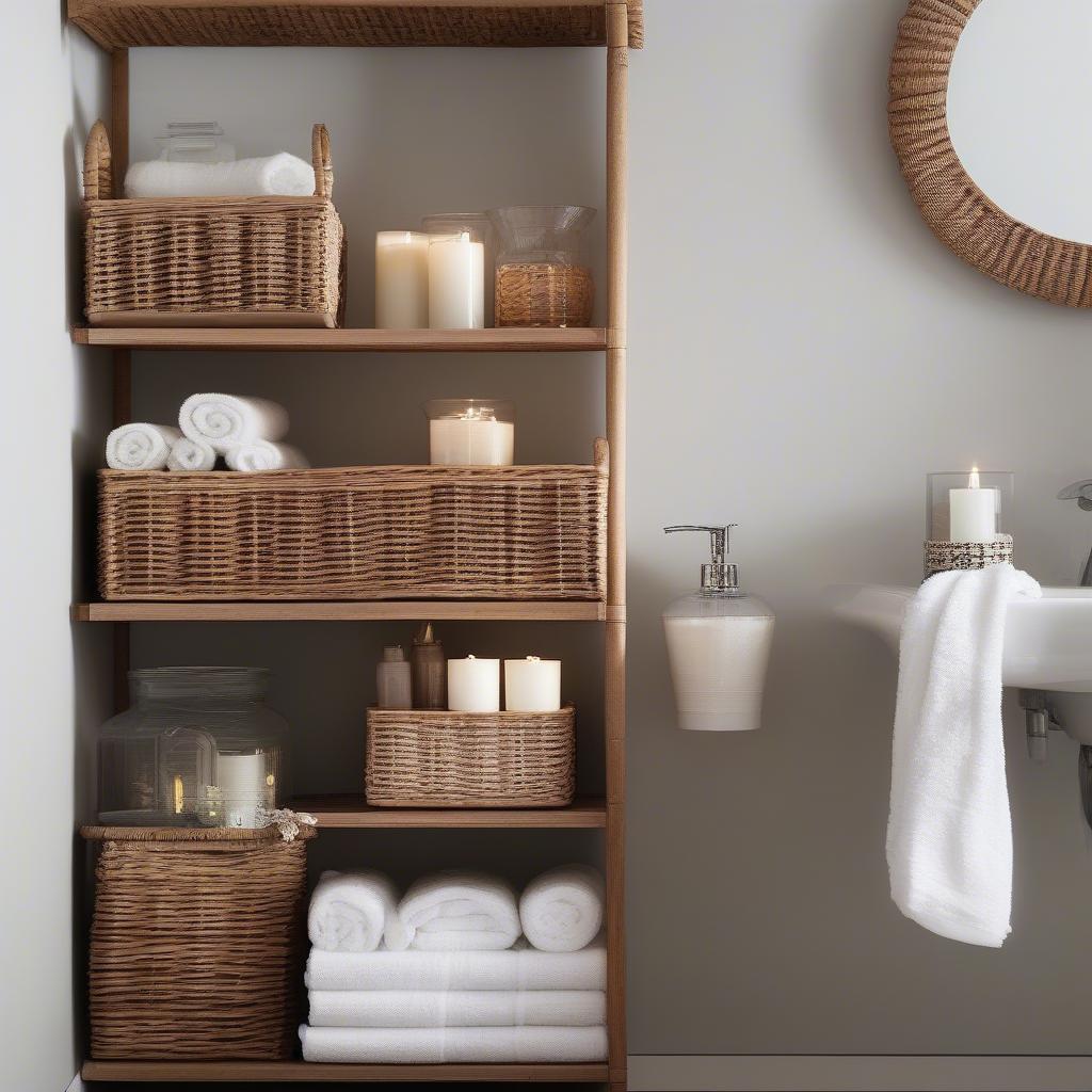 Wicker baskets on a bathroom shelf