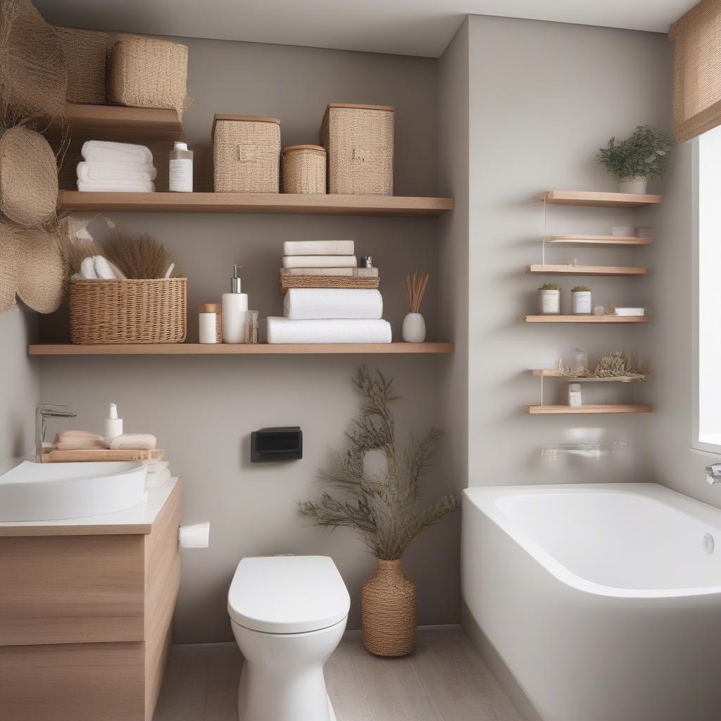 Wicker baskets used for storage in a bathroom.