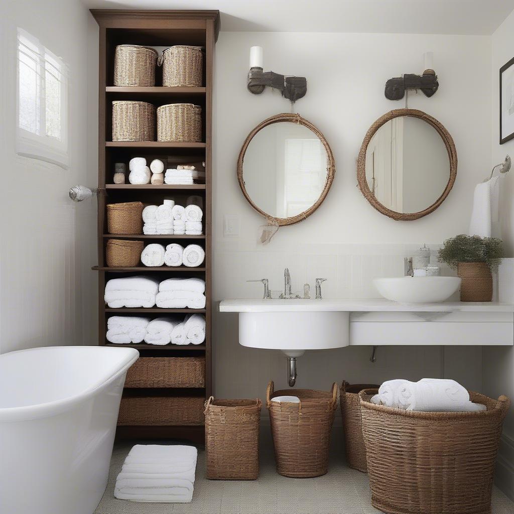 Wicker baskets for bathroom towel storage, featuring various sizes and styles.