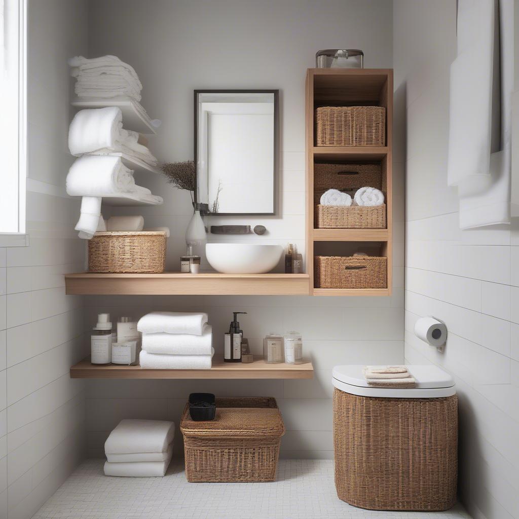 Wicker baskets in a UK bathroom, showcasing their organizational use.