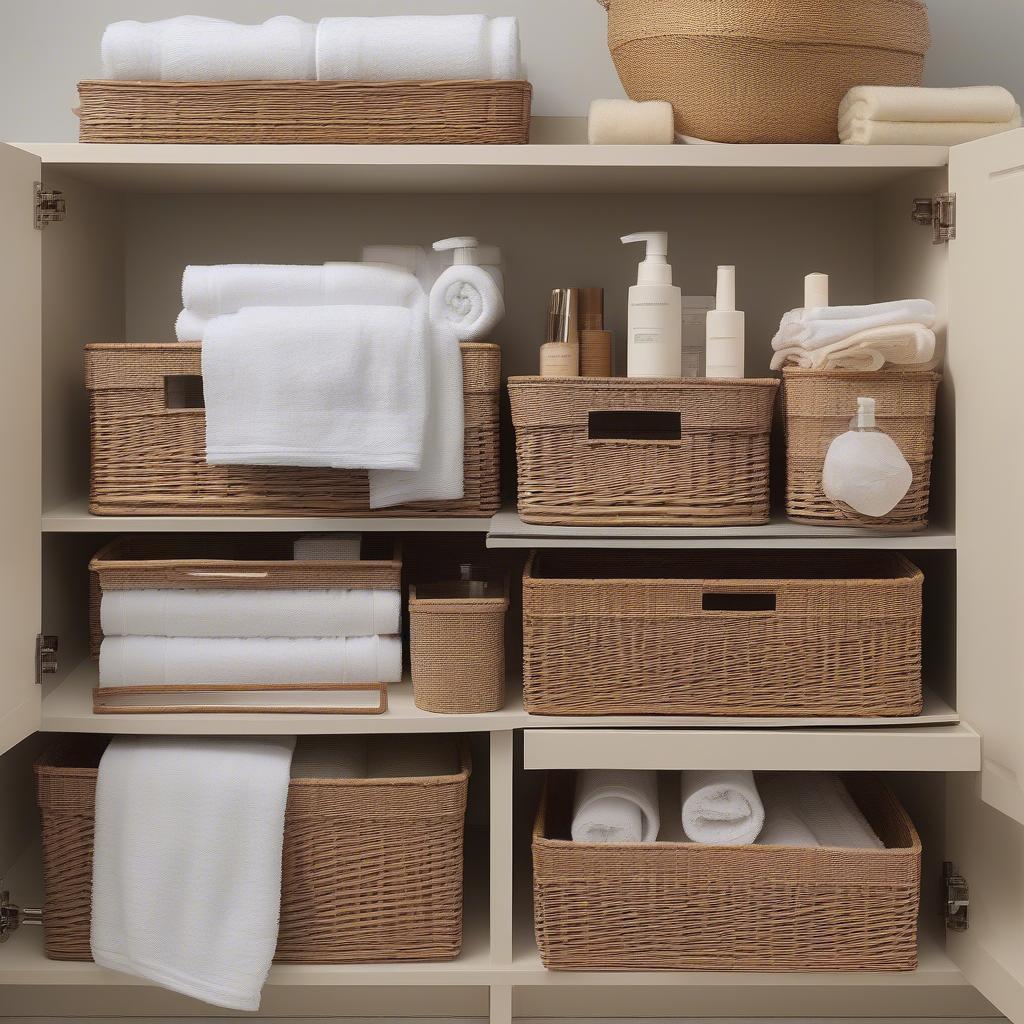 Wicker baskets on a bathroom vanity