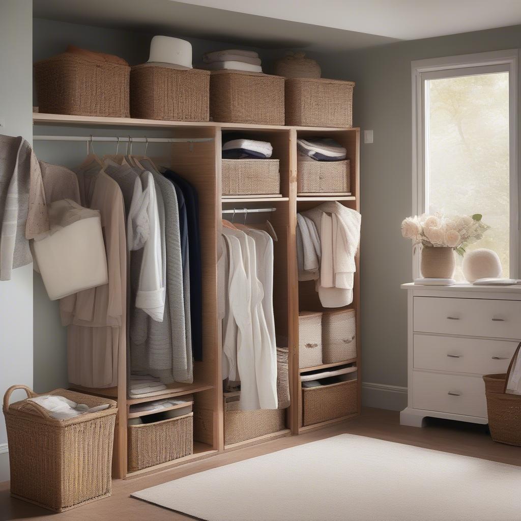 Wicker baskets used for organization in a bedroom